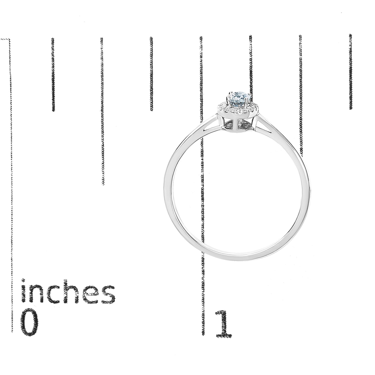 White ring with a blue oval gemstone in a prong setting, surrounded by small white gemstones in a micro-pave setting, shown side view on a scale.