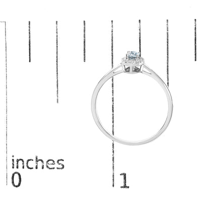 White ring with a blue oval gemstone in a prong setting, surrounded by small white gemstones in a micro-pave setting, shown side view on a scale.