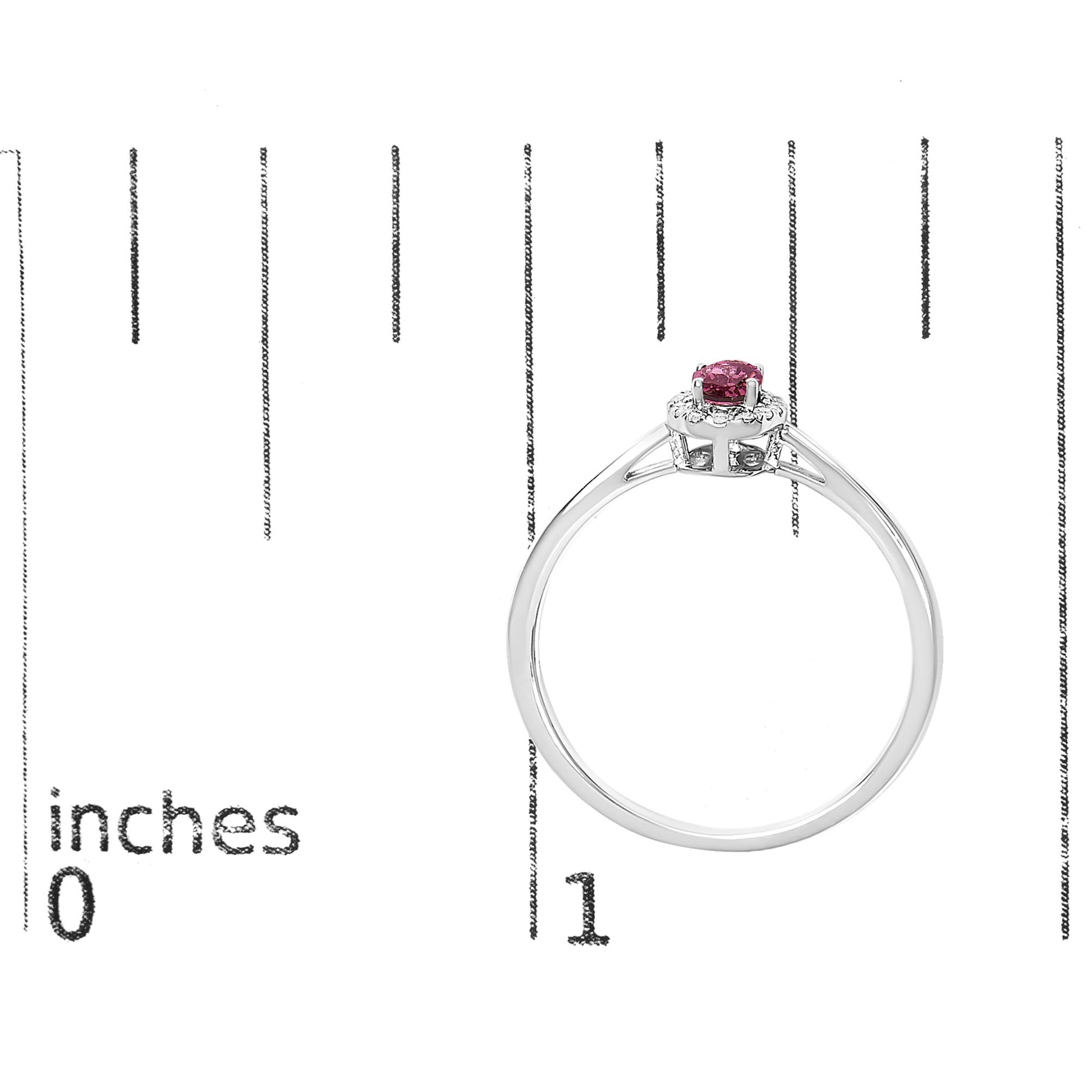 White metal ring with a pink oval gemstone in prong setting, surrounded by small white round gemstones in micro-pave setting, shown on a scale from the side angle.