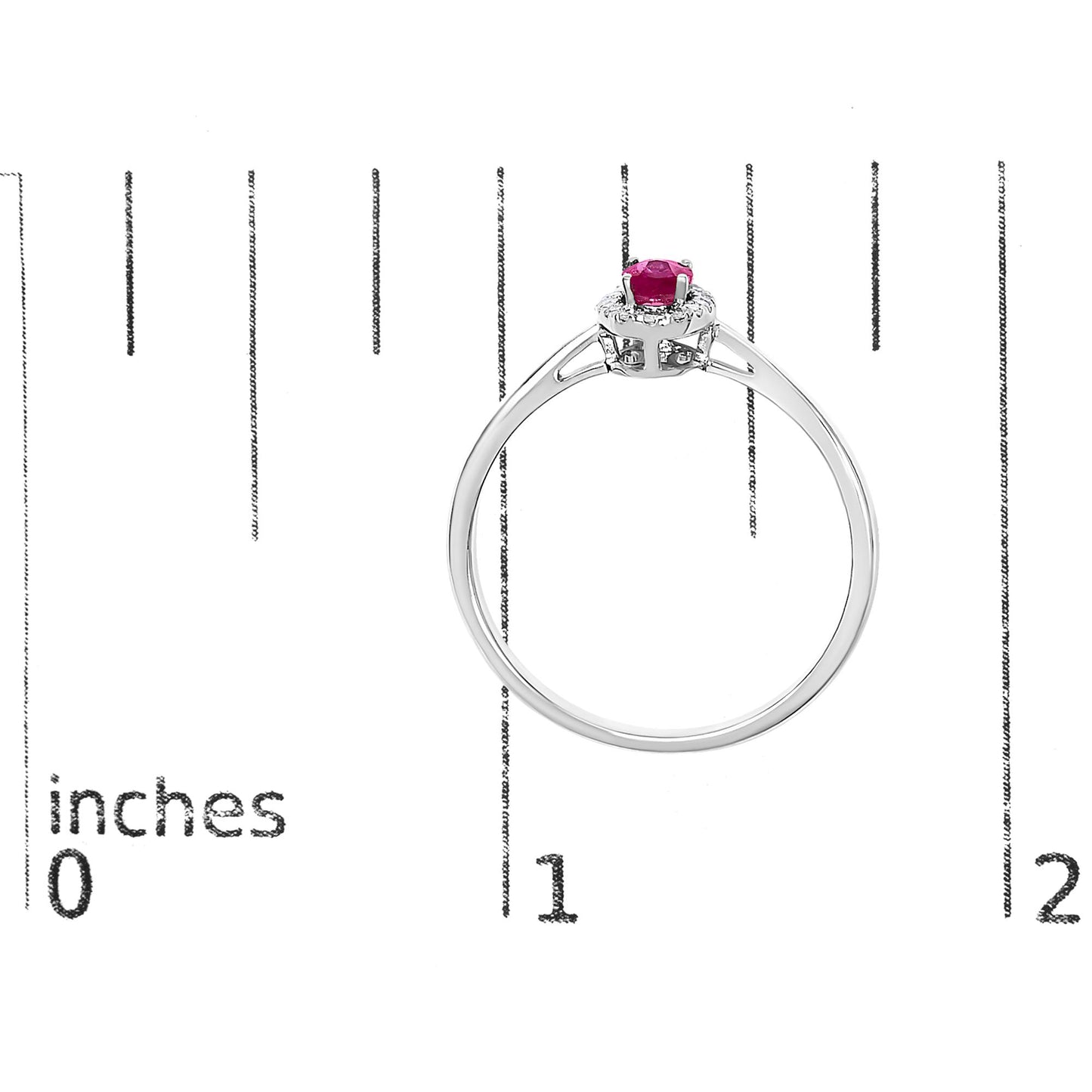 White ring with a red oval gemstone center and surrounding white round gemstones in micro-pave setting, shown from the side on a scale.