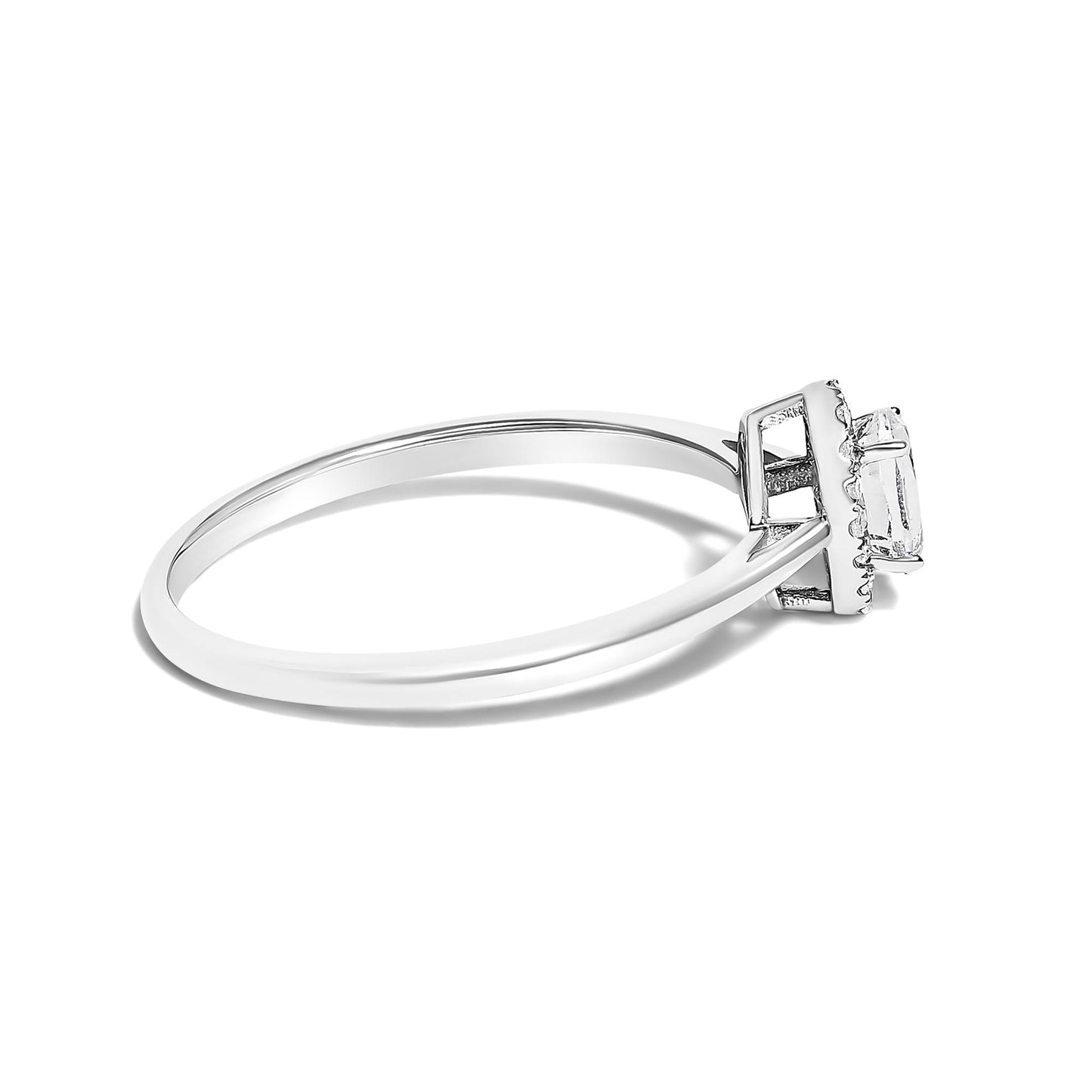 Side angle view of a white ring with an oval white gemstone set in prongs surrounded by small round white gemstones in micro-pave setting.