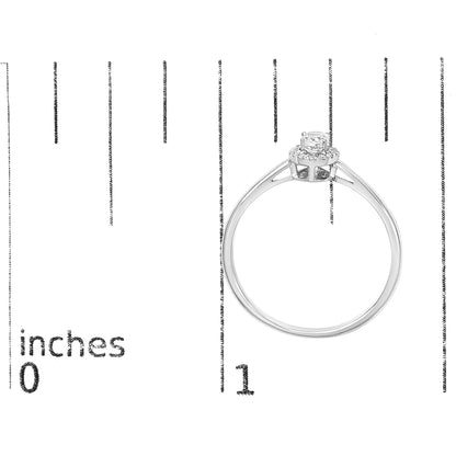White metal ring with an oval white gemstone in prong setting surrounded by a micro-pave halo of small round white gemstones, shown on a scale from a side angle.