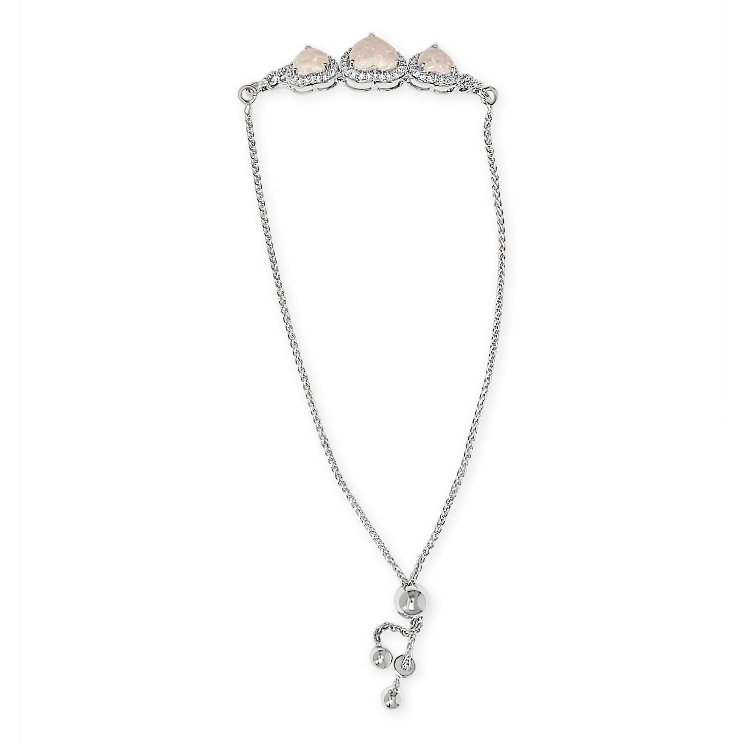 White metal bracelet with three heart-shaped white opal gemstones and multiple small round white gemstones arranged in a row, shown from above on a white background.
