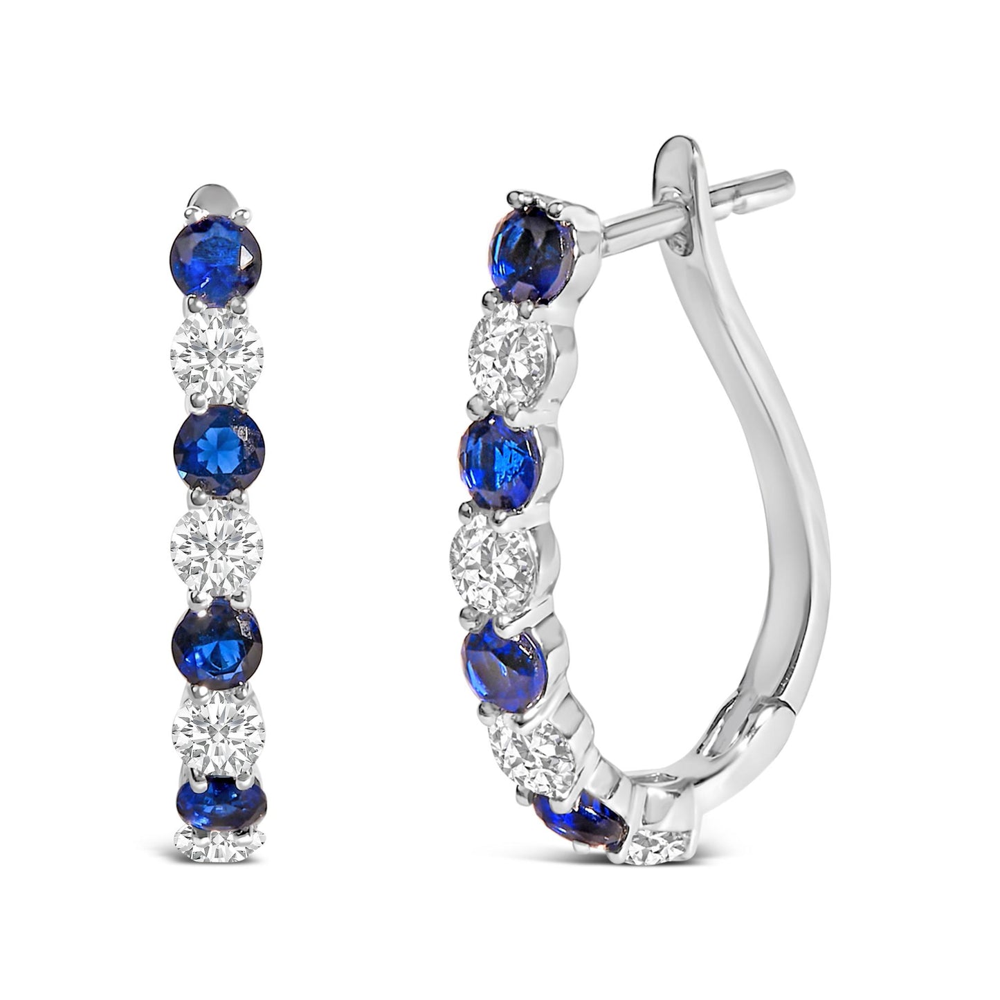 Pair of white metal hoop earrings with alternating round blue and white gemstones in shared prong settings, shown in a close-up front and side view on a white background.