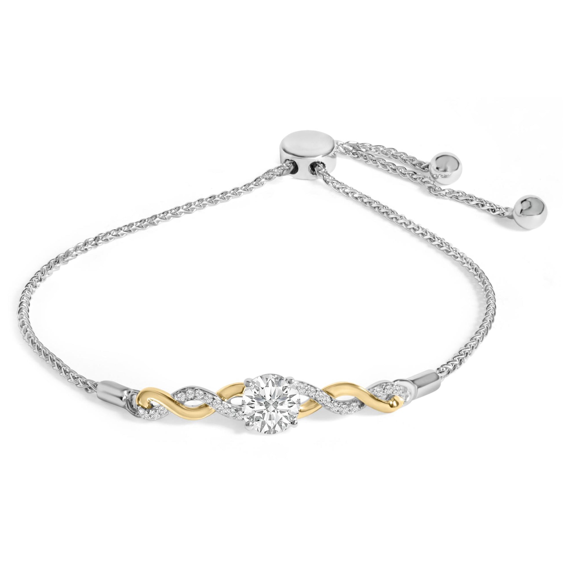 Bracelet shown from a top angle with a chain adjustable clasp in white metal, featuring an intertwined design of yellow and white metal with a central round white gemstone in a four-prong setting and additional small round white gemstones along the white metal strands.