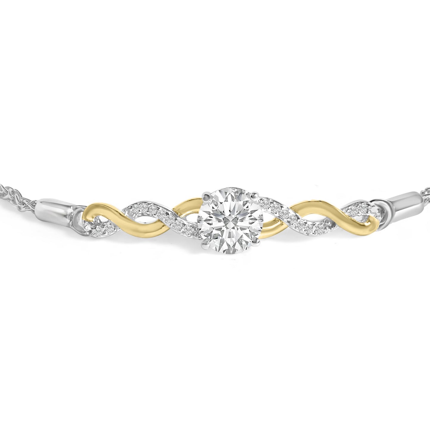 Bracelet shown from the front, featuring an alternating yellow and white metal twisted design with a large round white gemstone in a four-prong setting at the center, flanked by smaller round white gemstones set in prongs along the white metal sections.