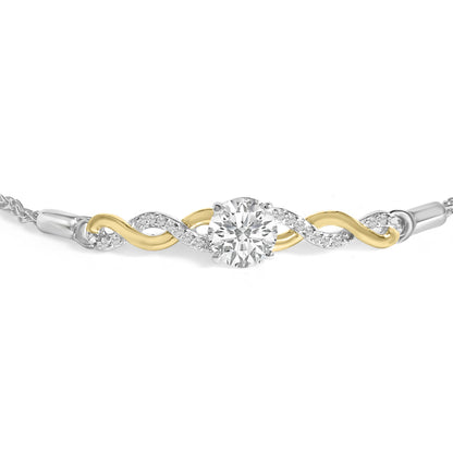 Bracelet shown from the front, featuring an alternating yellow and white metal twisted design with a large round white gemstone in a four-prong setting at the center, flanked by smaller round white gemstones set in prongs along the white metal sections.