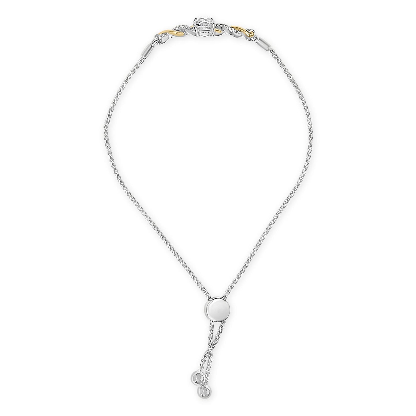Bracelet shown against a white background, featuring a white chain with a sliding clasp and a section near the clasp in yellow and white metals adorned with a single round white gemstone in 4-prong setting and multiple smaller round white gemstones in prong settings, shot from a top down angle.