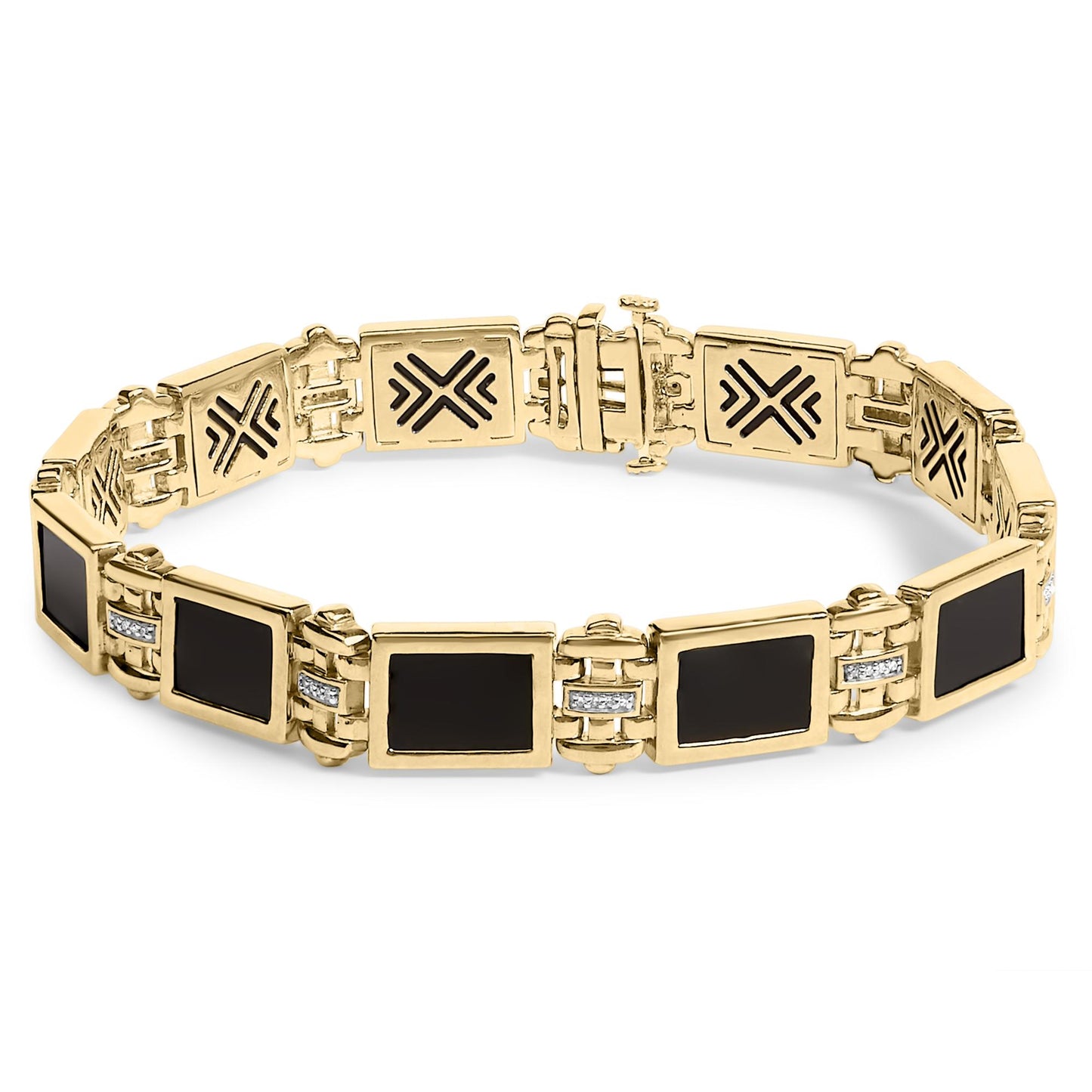 Yellow bracelet shown on a flat surface, composed of linked rectangular sections featuring black emerald-shaped gemstones in bezel settings and small round white gemstones in pave settings.