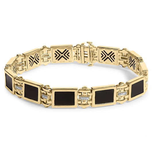 Yellow bracelet shown on a flat surface, composed of linked rectangular sections featuring black emerald-shaped gemstones in bezel settings and small round white gemstones in pave settings.