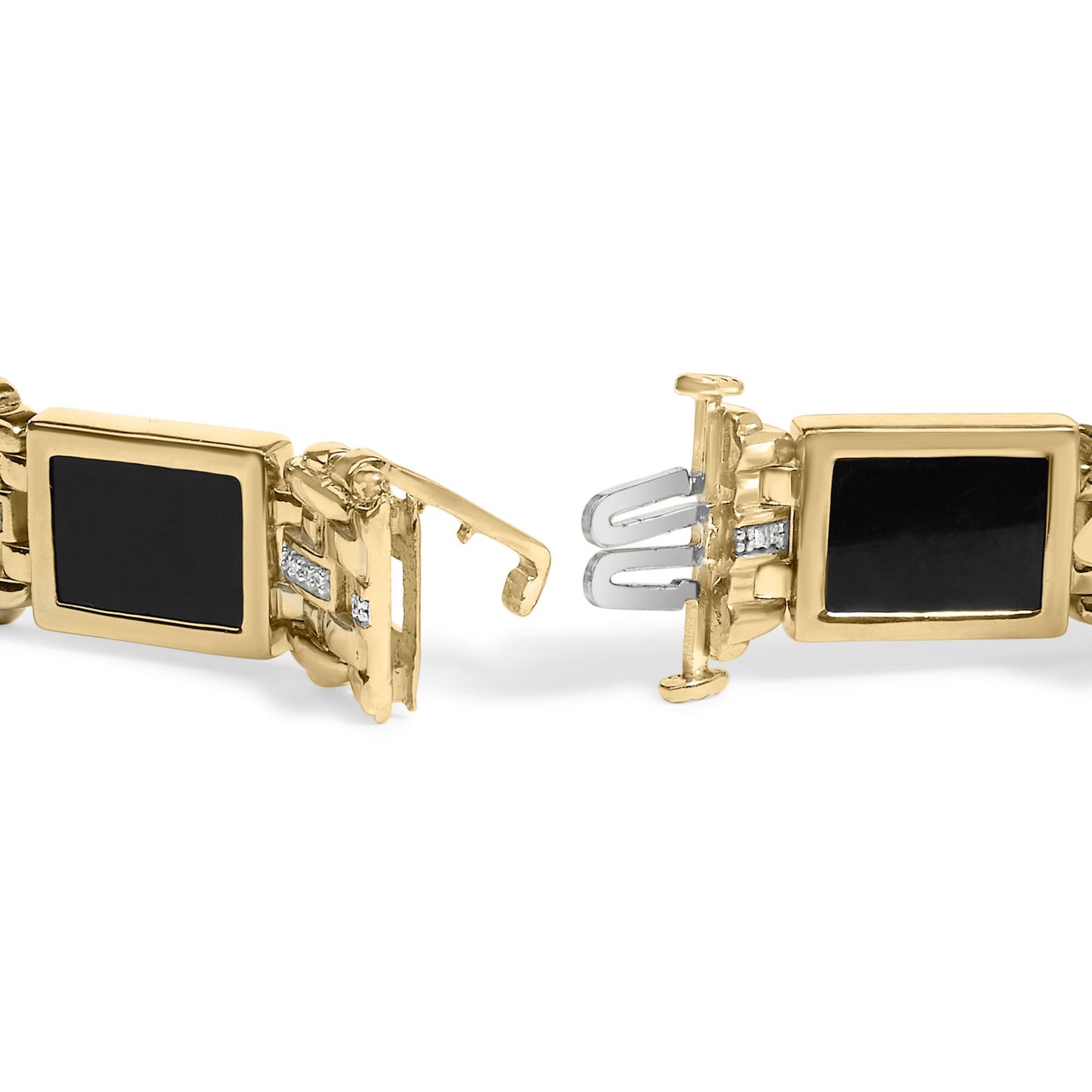 Close-up of the open clasp of a yellow bracelet featuring rectangular black gemstones in bezel settings with small white round gemstones in pave settings, shown from a side angle.