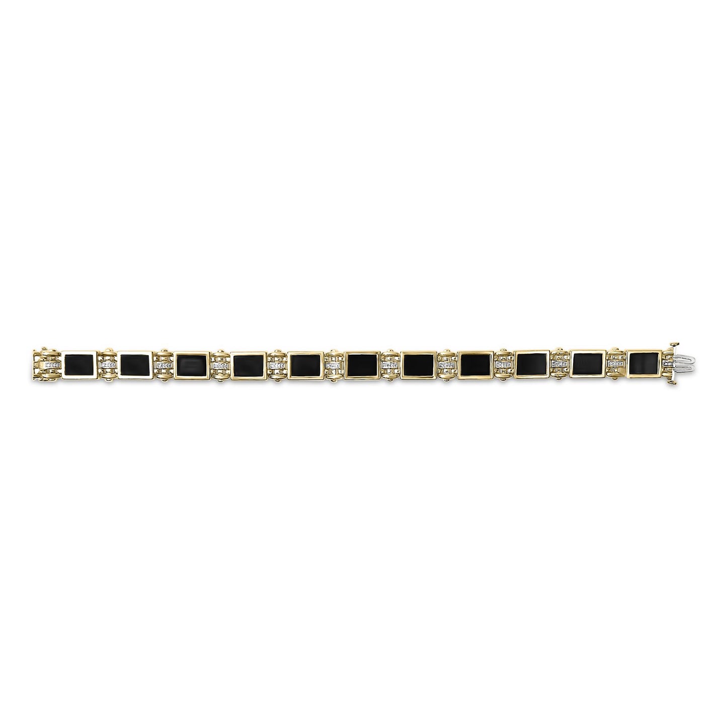 Yellow metal bracelet with alternating rectangular black gemstones in bezel settings and clusters of small round white gemstones in pave settings, shown flat from a top-down angle.