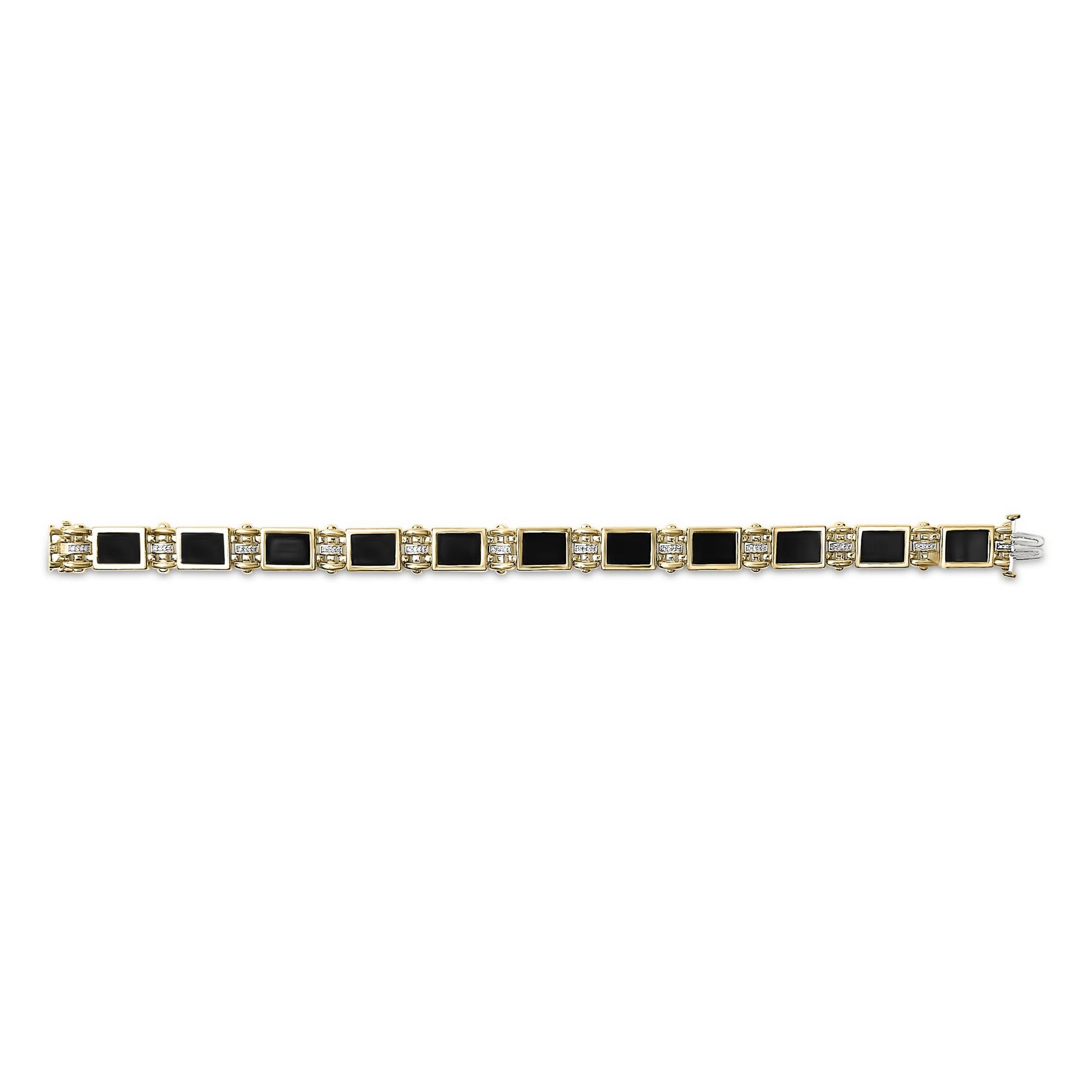 Yellow metal bracelet with alternating rectangular black gemstones in bezel settings and clusters of small round white gemstones in pave settings, shown flat from a top-down angle.