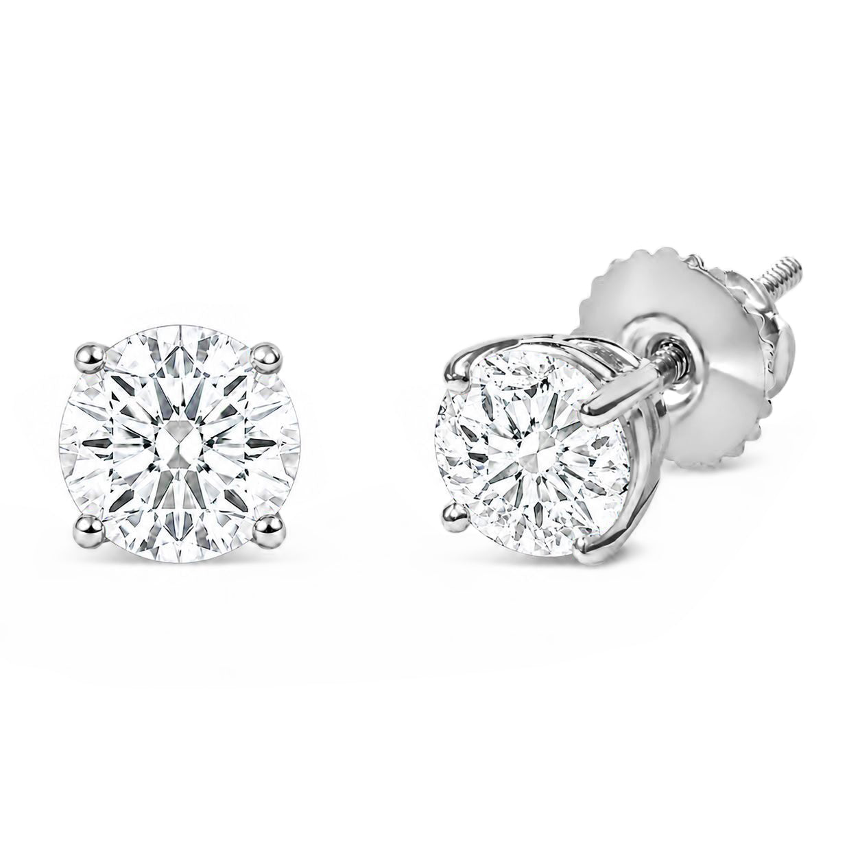 Close-up front and angled side view of white metal stud earrings with round white gemstones in four-prong settings shown on a white background.