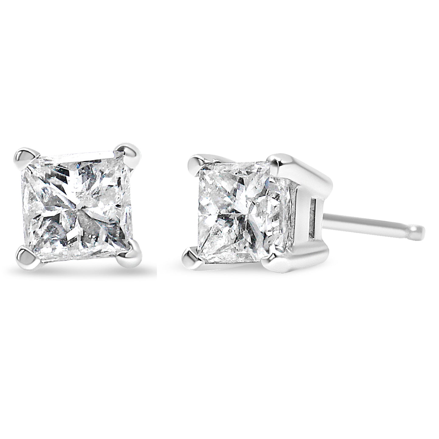 Close-up front and side view of white metal stud earrings with square-shaped brownish gemstones in four-prong settings.