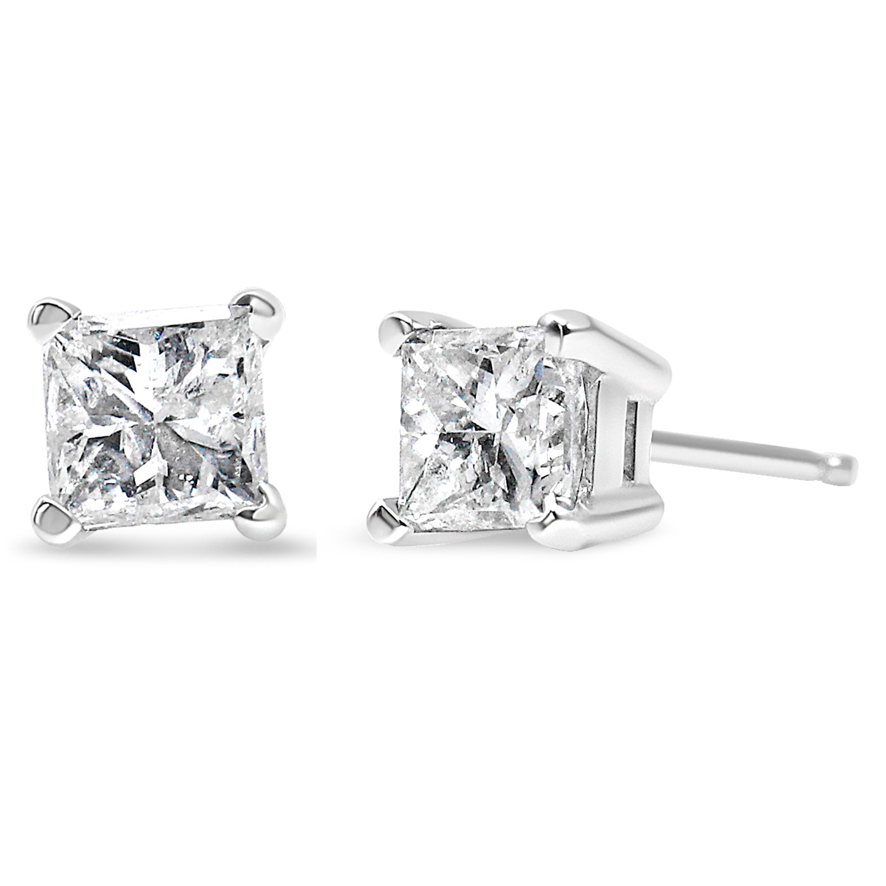 Close-up front and side view of white metal stud earrings with square-shaped brownish gemstones in four-prong settings.