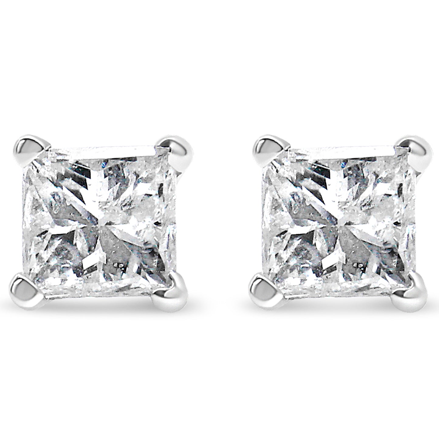 Front view of white metal stud earrings with square-shaped white gemstones in four-prong settings.