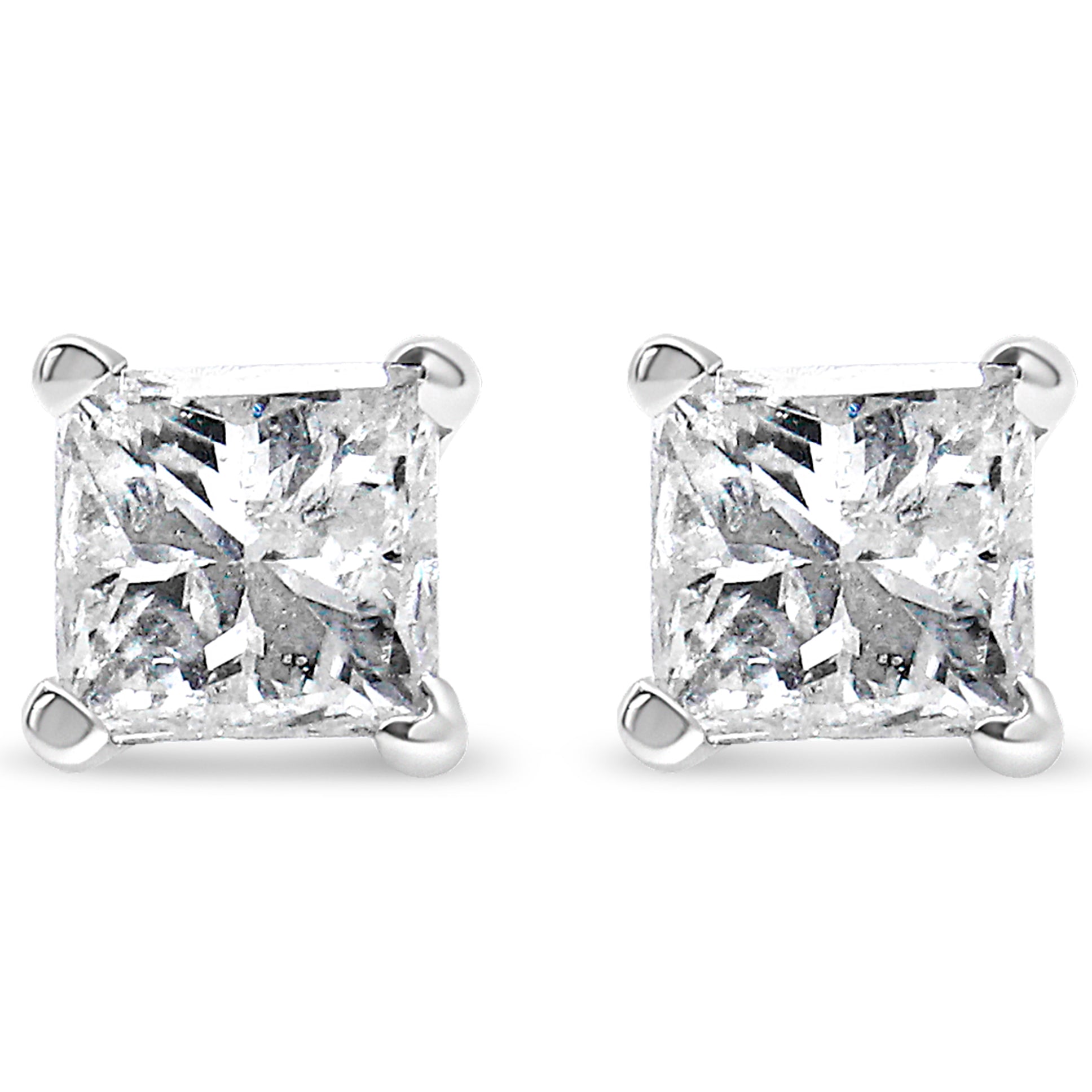 Front view of white metal stud earrings with square-shaped white gemstones in four-prong settings.