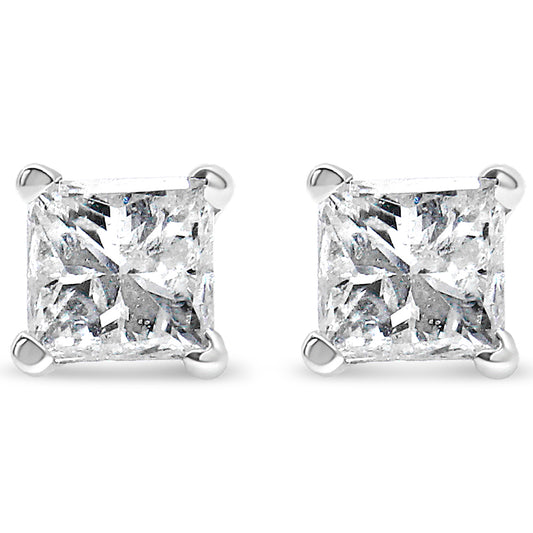 Front view of white metal stud earrings with square-shaped white gemstones in four-prong settings.