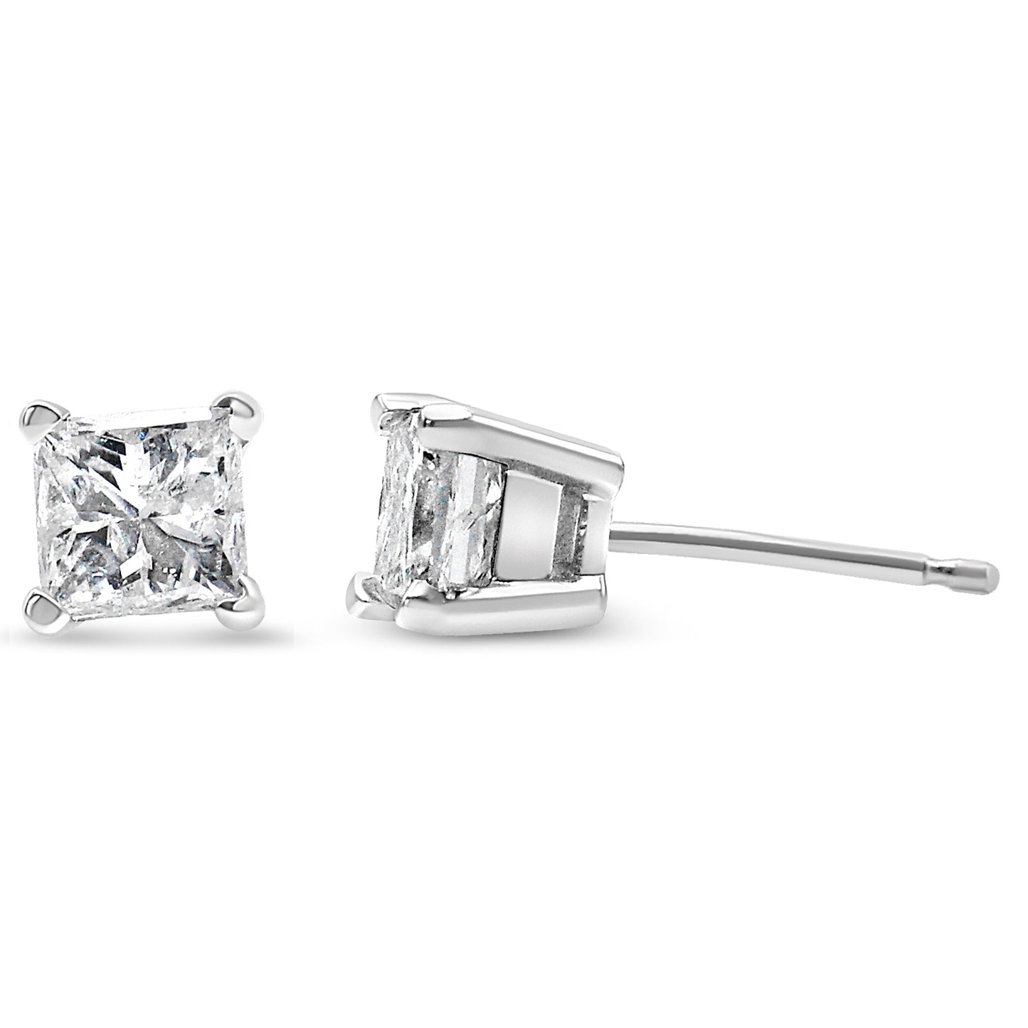 Close-up front and side view of a pair of white metal stud earrings with square-shaped white gemstones in 4-prong settings.