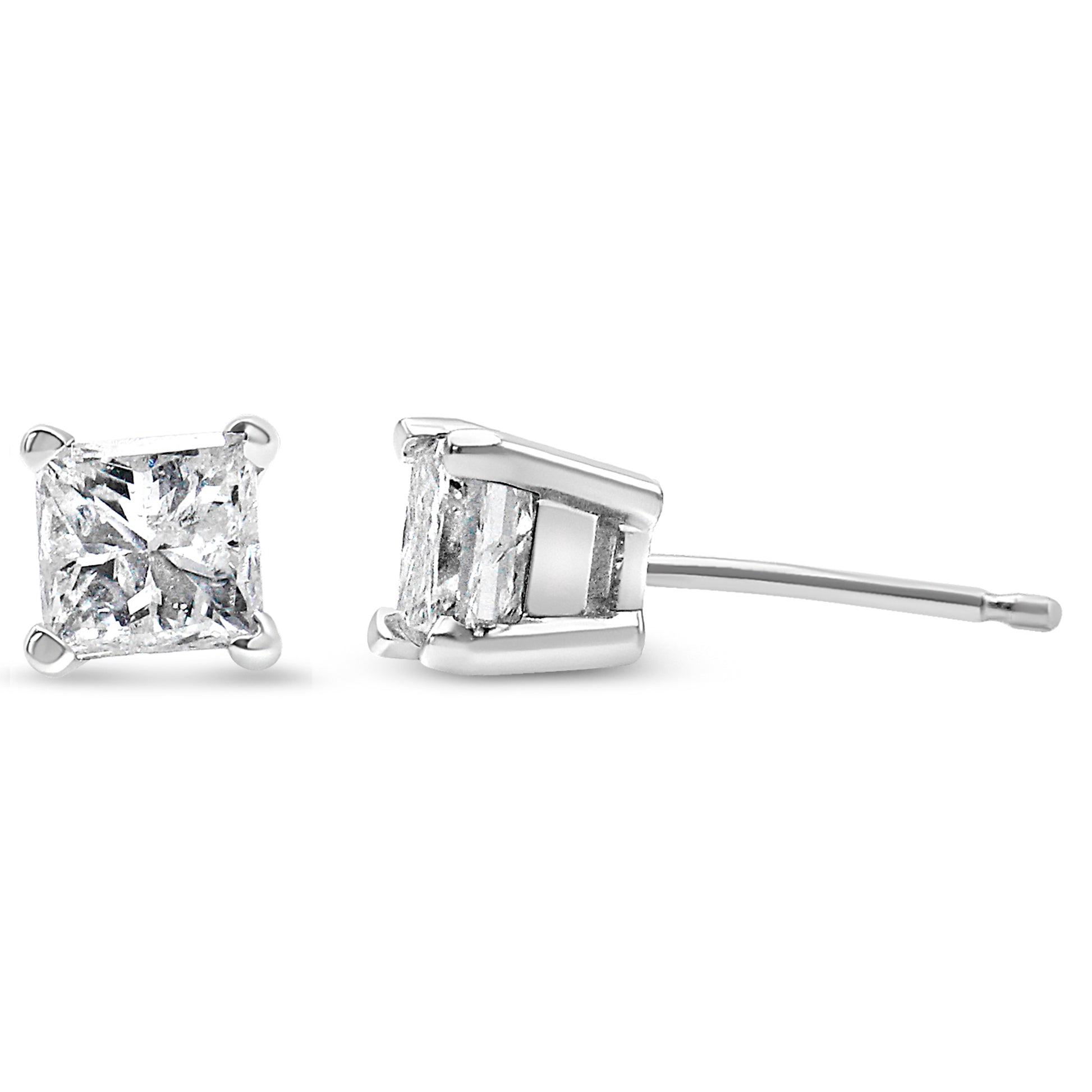 Close-up front and side view of a pair of white metal stud earrings with square-shaped white gemstones in 4-prong settings.