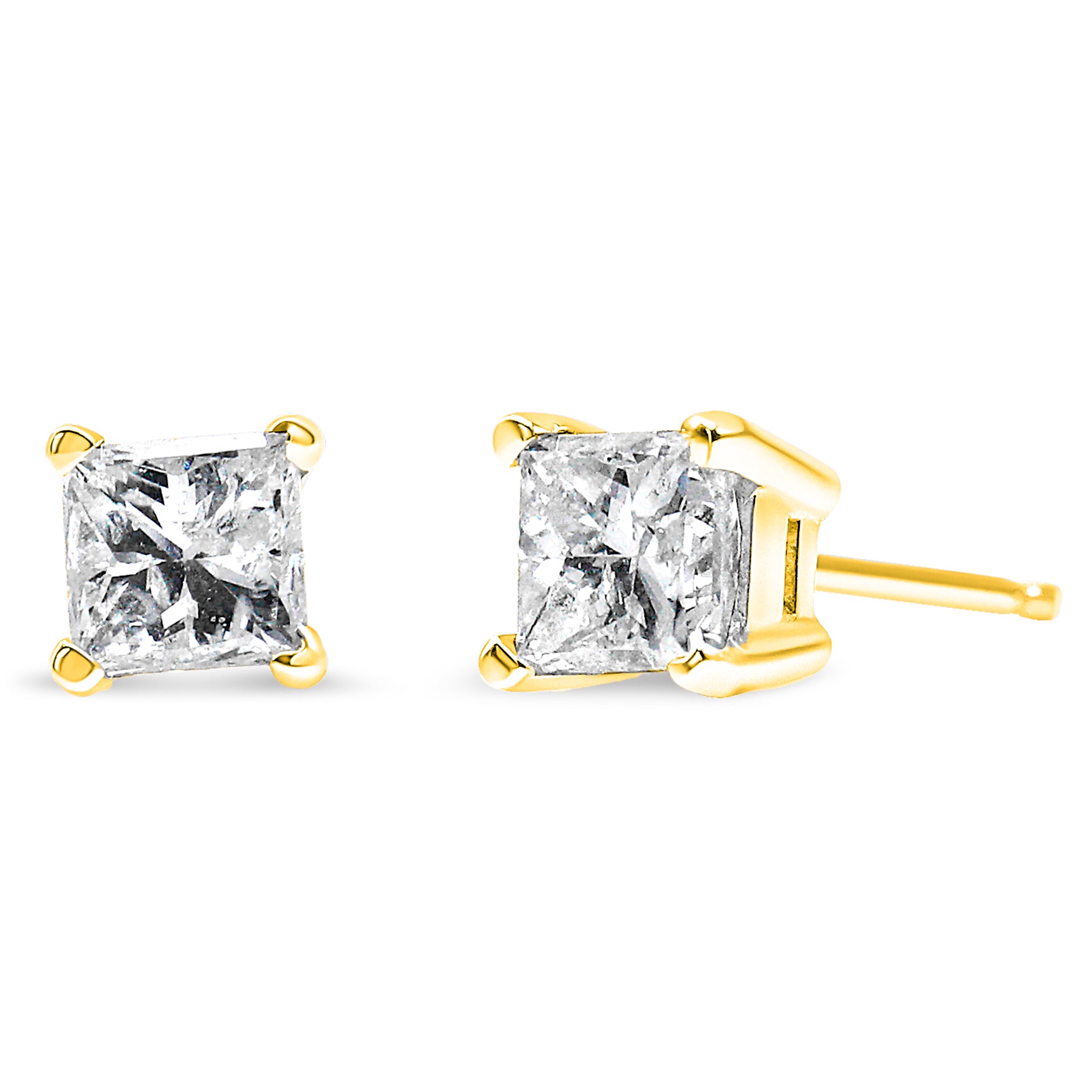 Pair of yellow metal stud earrings with princess-shaped white gemstones in four-prong settings, shown from front and side angles on a white background.