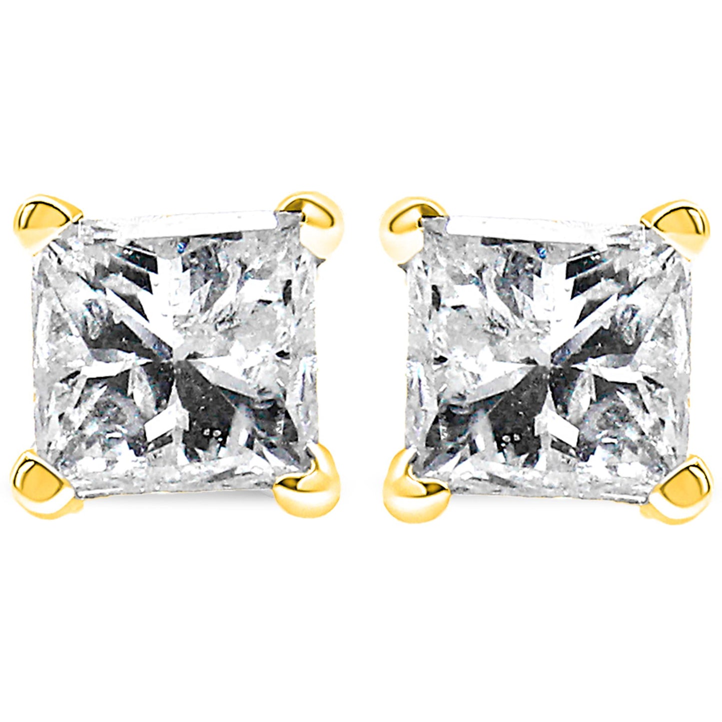 Front view of yellow metal stud earrings with square-shaped white gemstones in four-prong settings.