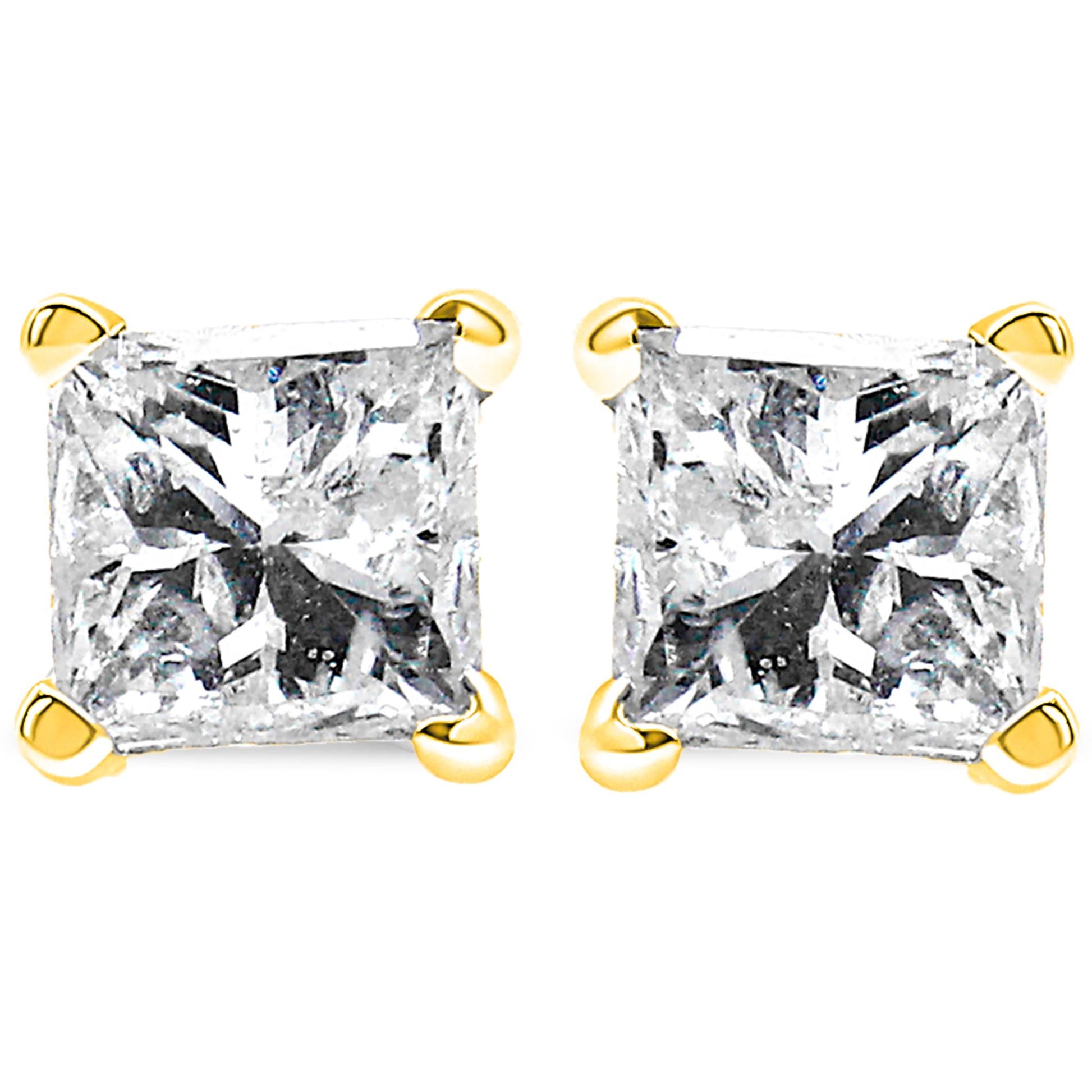Front view of yellow metal stud earrings with square-shaped white gemstones in four-prong settings.