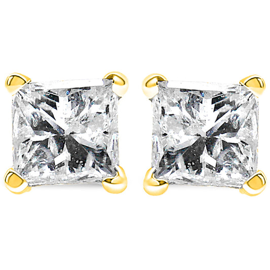 Front view of yellow metal stud earrings with square-shaped white gemstones in four-prong settings.