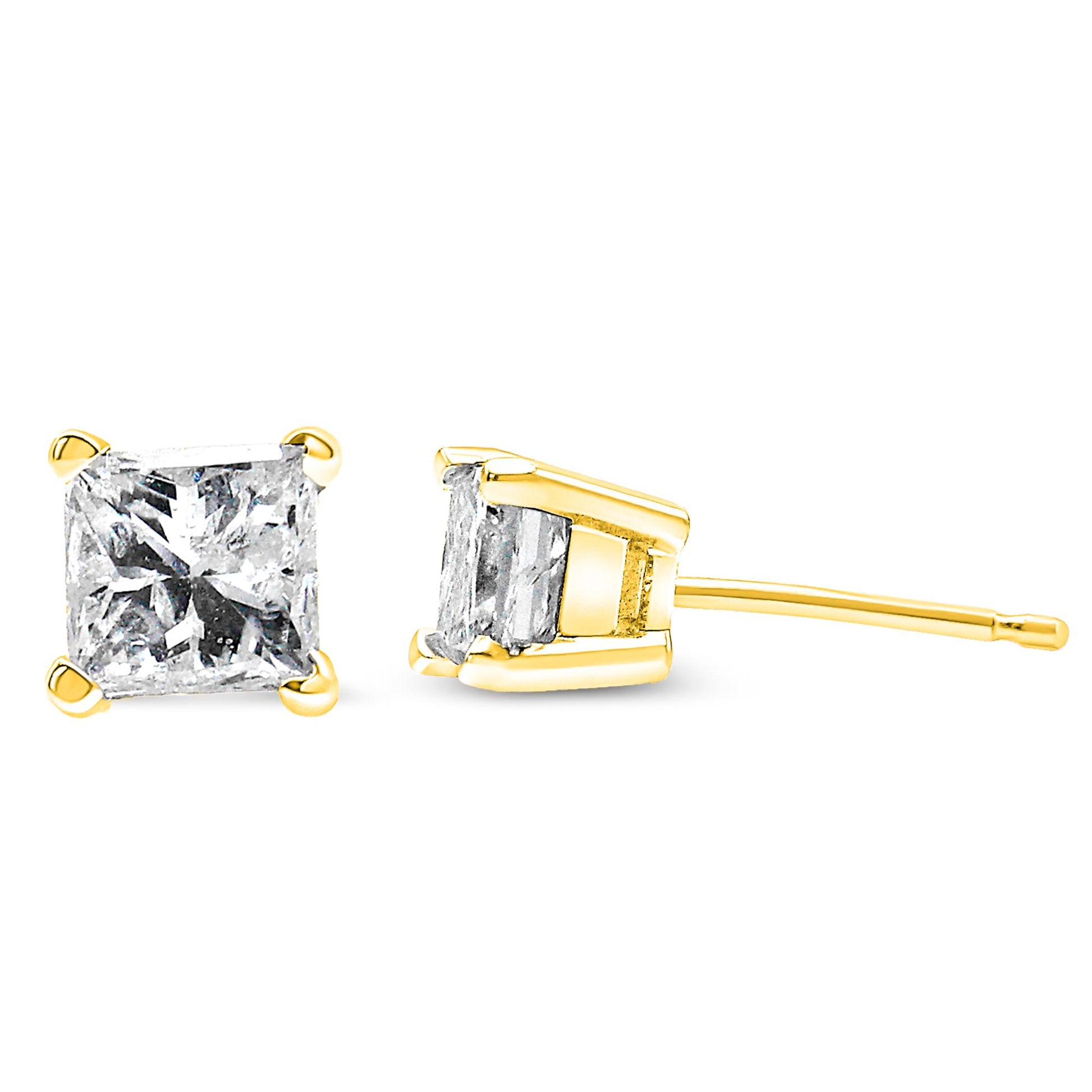 Front and side angle view of yellow metal stud earrings with princess-shaped white gemstones in 4-prong settings.