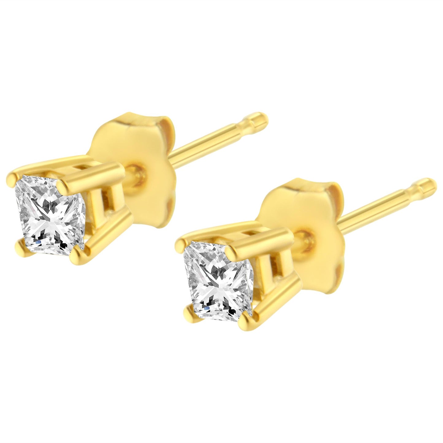 Pair of yellow metal stud earrings with white princess-shaped gemstones in four-prong settings, shown in a close-up angled view.