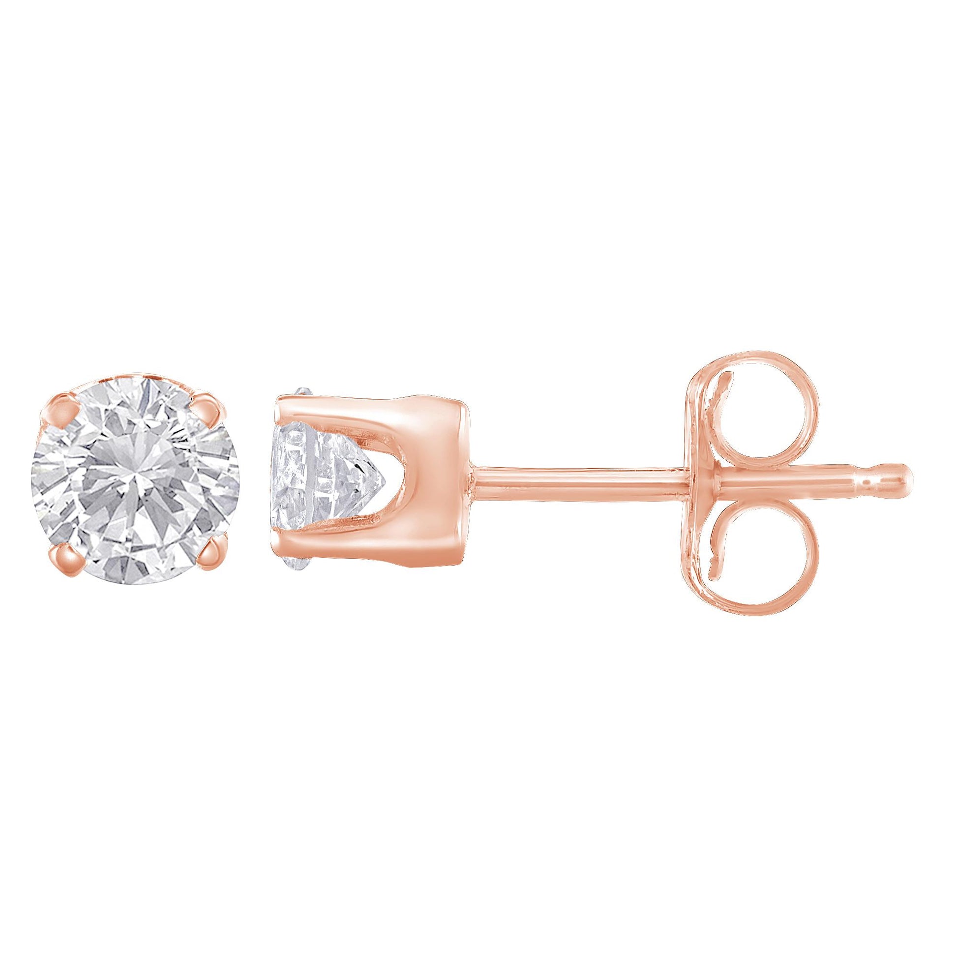 Close-up side and front view of a rose metal stud earring featuring a round prong-set white gemstone.