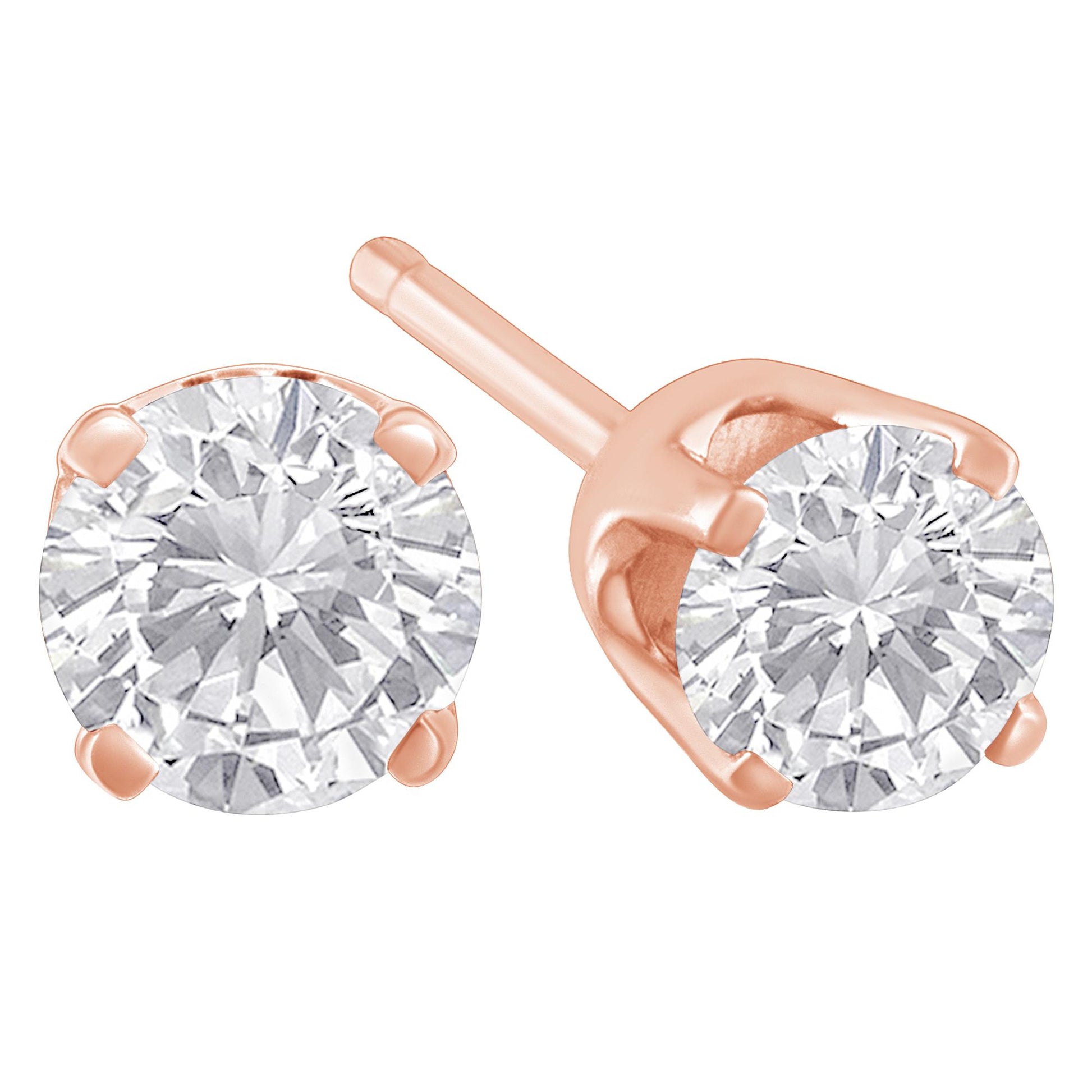Close-up front and side angle of a pair of rose-colored stud earrings featuring round prong-set white gemstones.