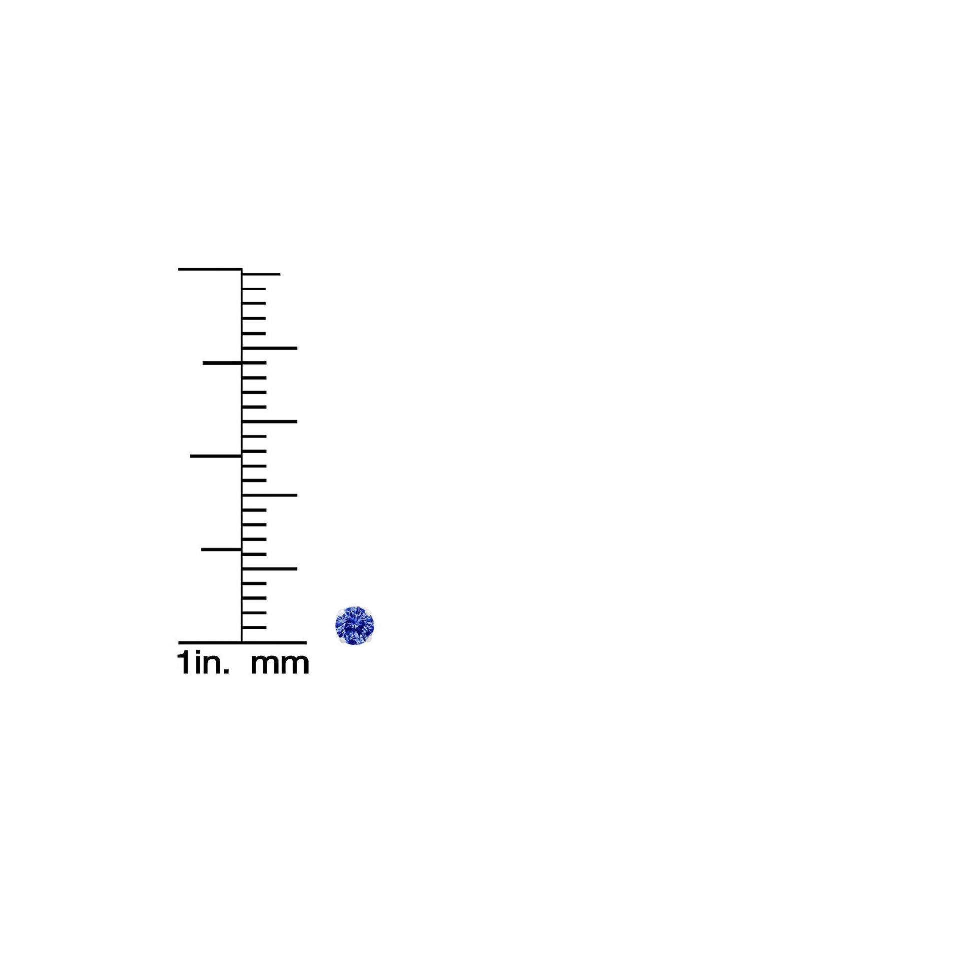 Single white metal stud earring with round blue gemstone in prong setting, shown in close-up with a ruler for size reference, front angle.