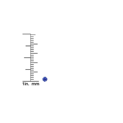 Single white metal stud earring with round blue gemstone in prong setting, shown in close-up with a ruler for size reference, front angle.