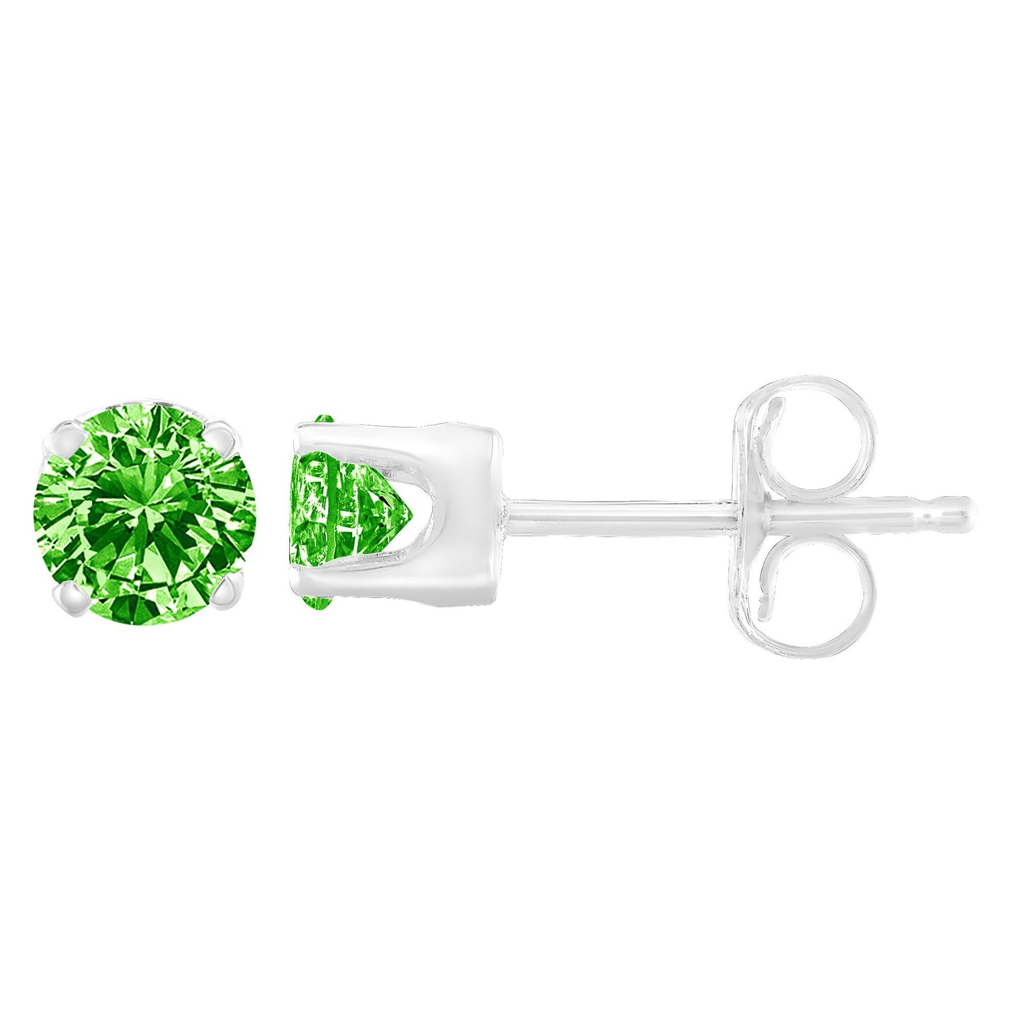 Side and front angle of a single white metal stud earring with a round green gemstone in prong setting.