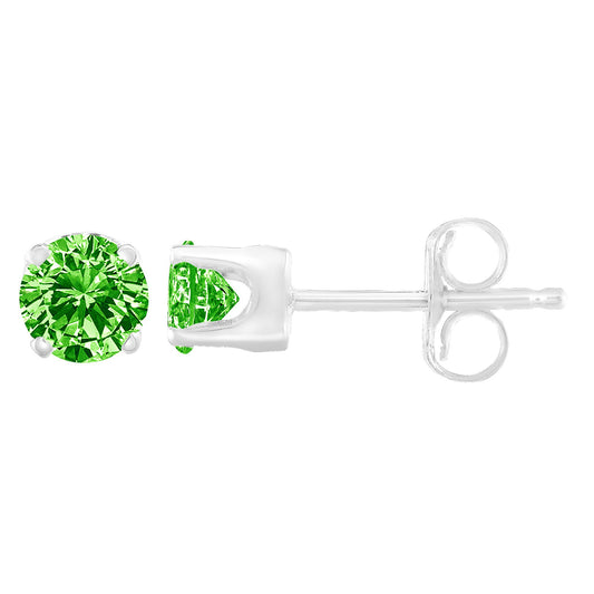 Side and front angle of a single white metal stud earring with a round green gemstone in prong setting.