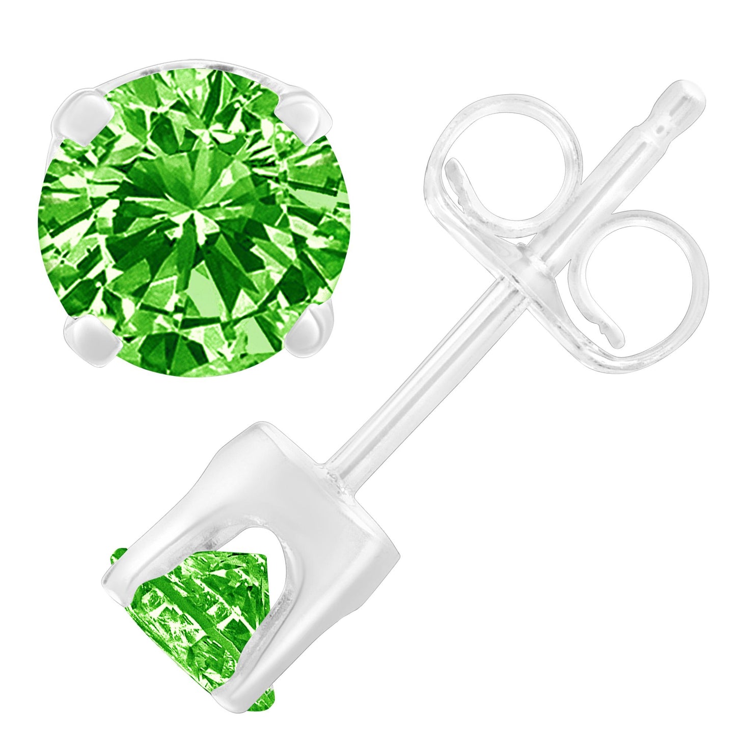 Close-up front and side views of a white metal earring with a round green gemstone in a prong setting.