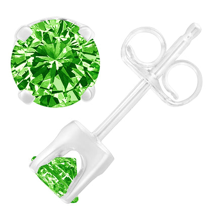 Close-up front and side views of a white metal earring with a round green gemstone in a prong setting.