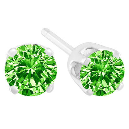Pair of white metal stud earrings with round green gemstones in prong settings, shown in a close-up front and side angle view.