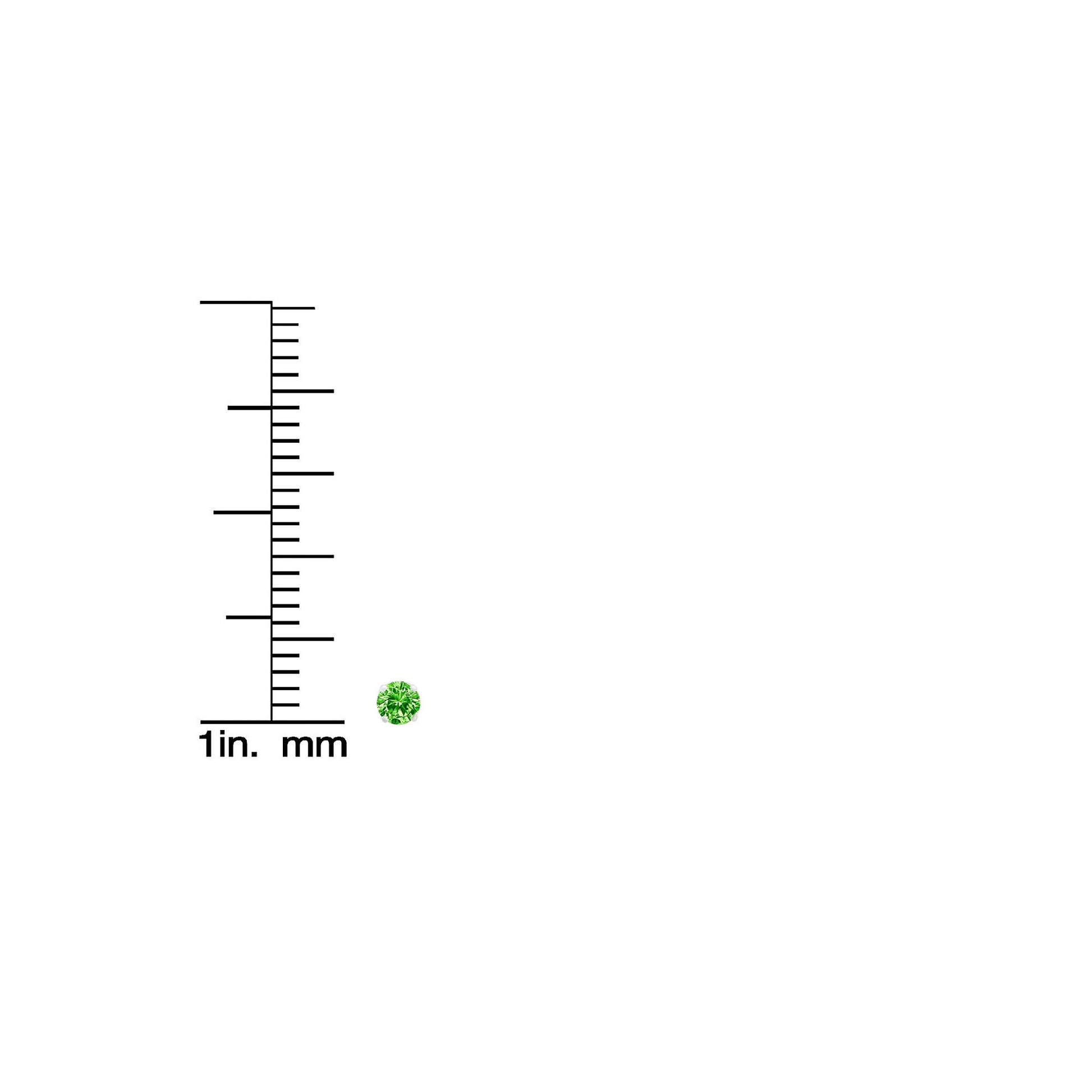 Close-up front view of white metal stud earrings with round green gemstones in prong settings, displayed next to a ruler for size reference.