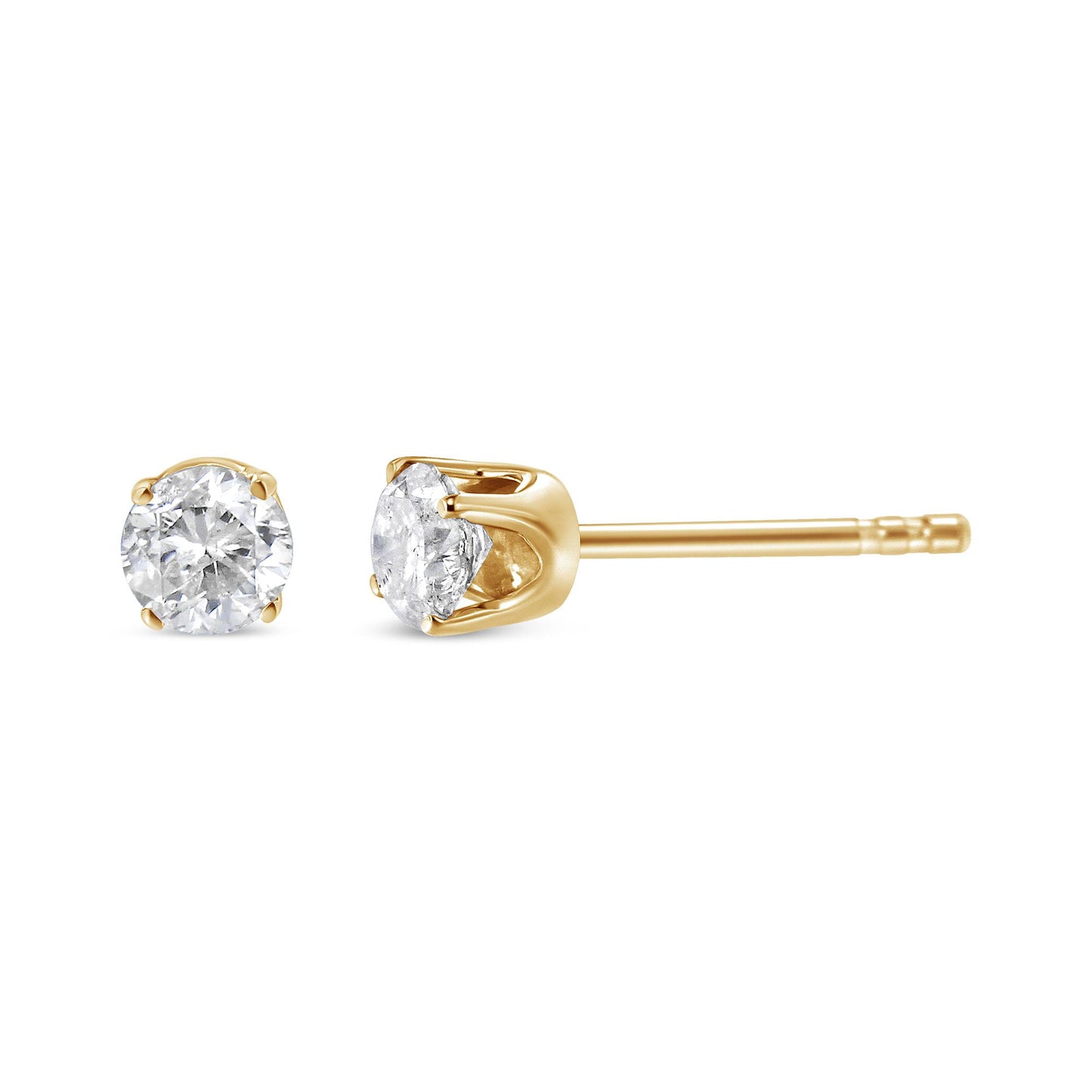 Close-up side and front view of yellow metal stud earring set with round white gemstones in four-prong settings.