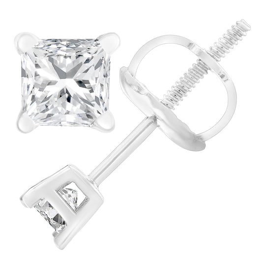 Close-up front and side view of white metal stud earrings with princess shape white gemstones in prong settings.