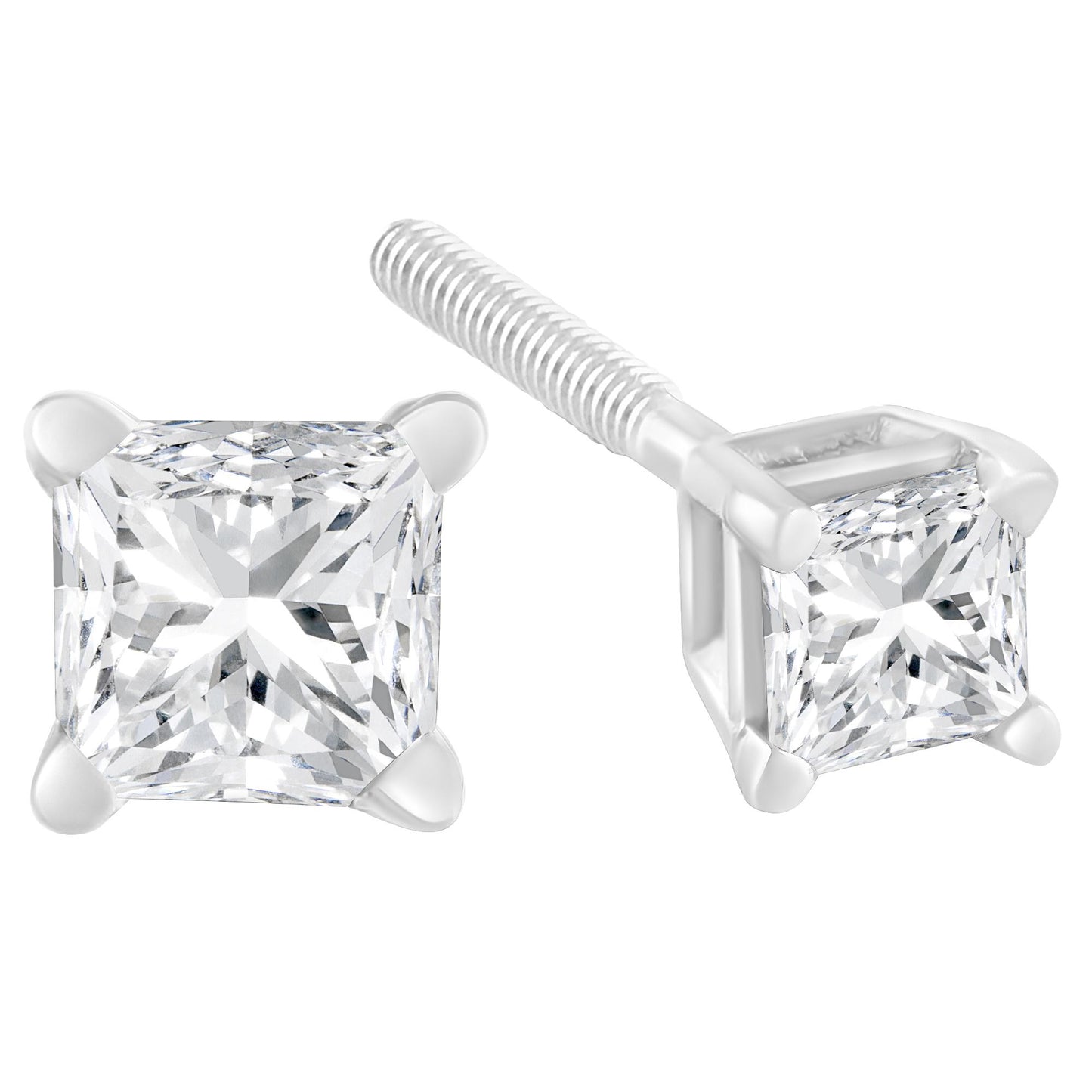 Close-up front and side angle of white metal stud earrings with princess-shaped white gemstones in prong settings.