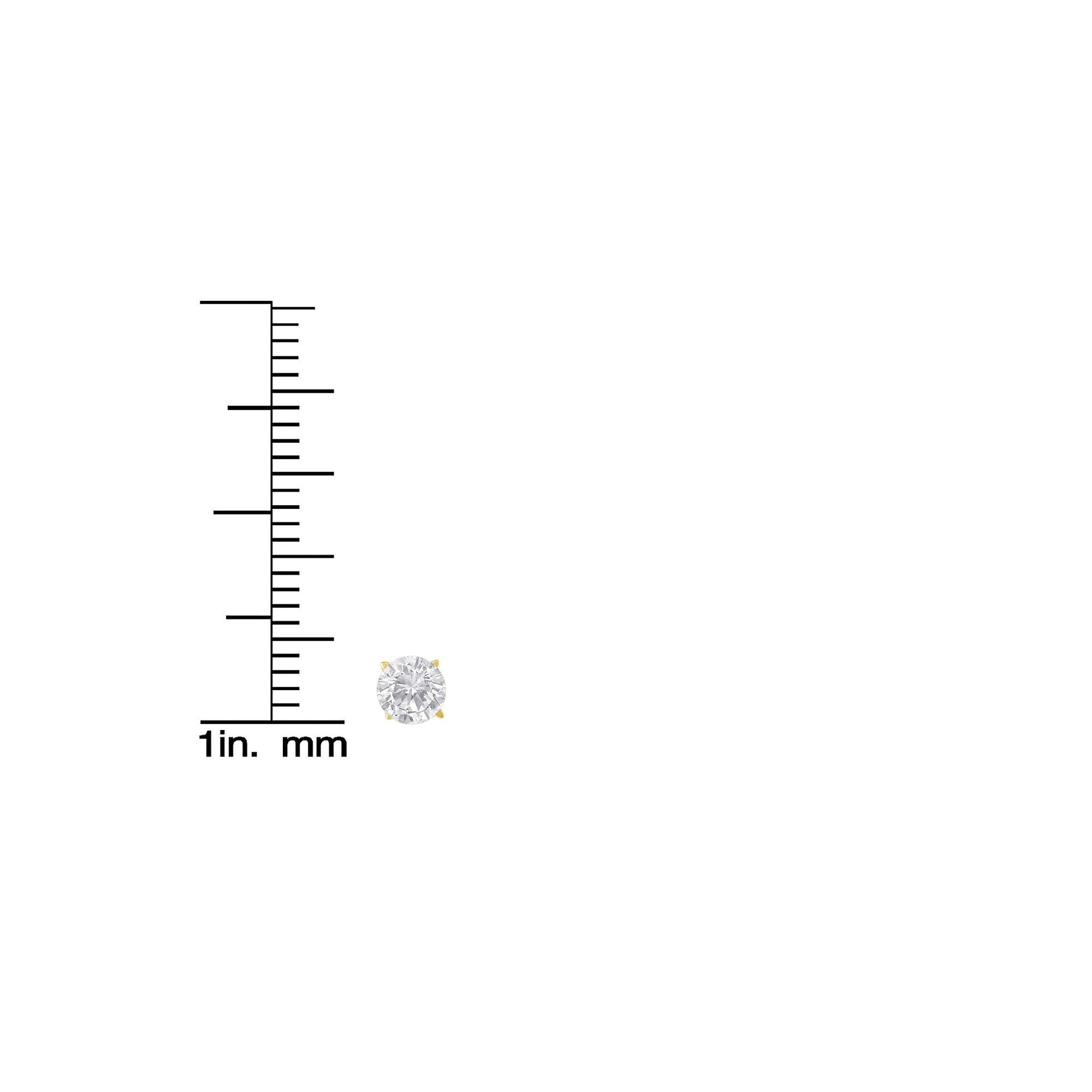 Close-up front view of a single yellow metal stud earring with a round white gemstone in a prong setting, displayed next to a ruler for size reference.