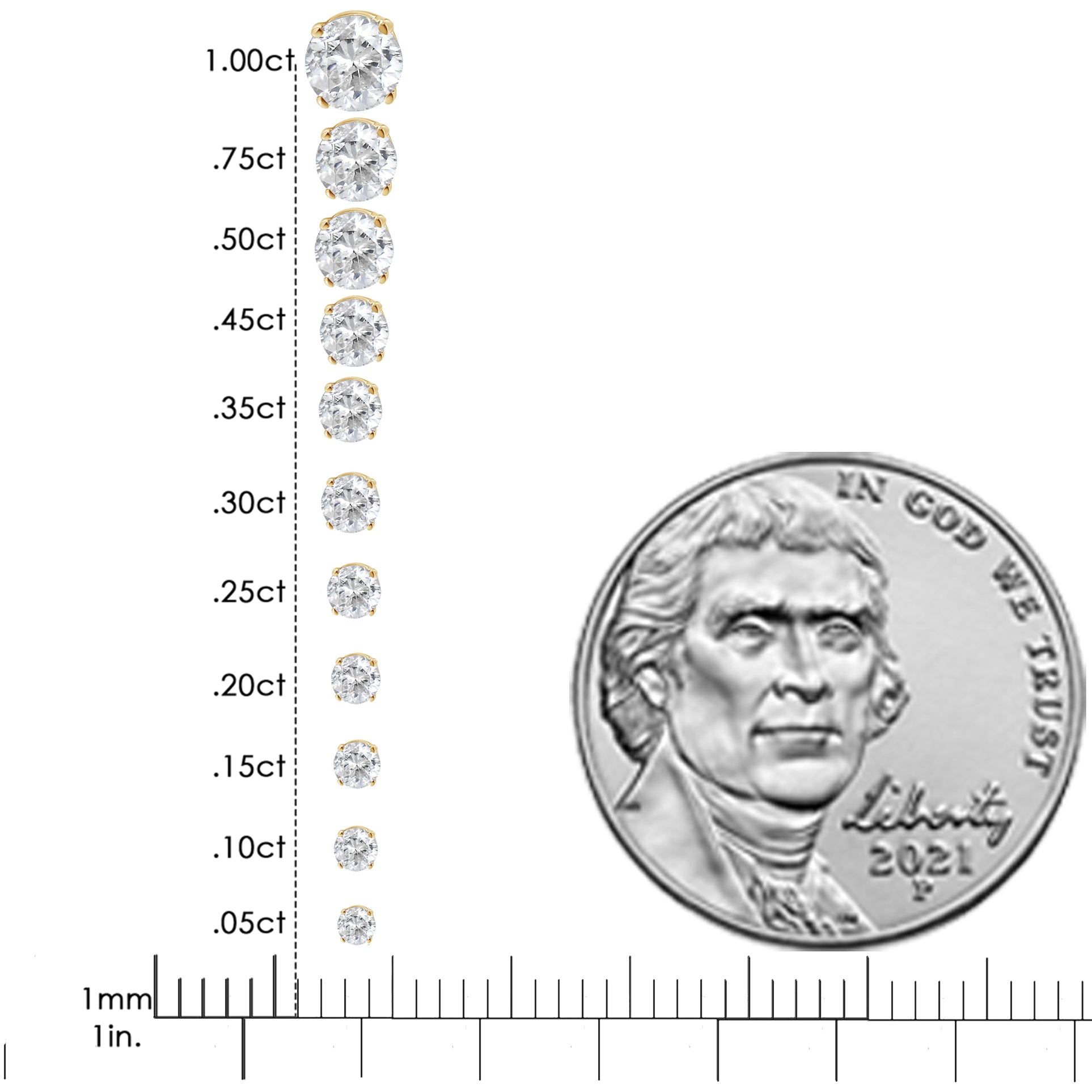 Image showing two round white gemstone earrings in 4-prong yellow settings displayed on a vertical size scale next to a coin for reference, viewed from the front angle.