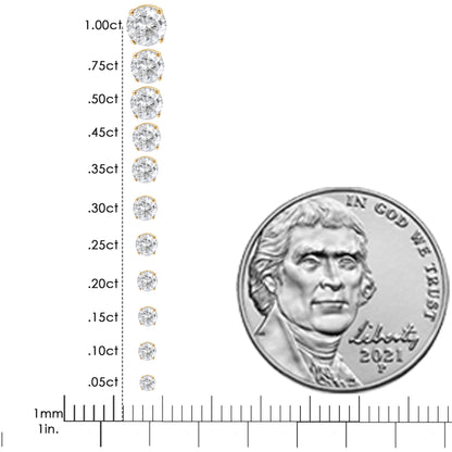 Image showing two round white gemstone earrings in 4-prong yellow settings displayed on a vertical size scale next to a coin for reference, viewed from the front angle.