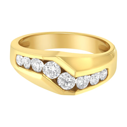 Yellow metal ring with two rows of round white gemstones in channel setting, shown in a close-up front angle.