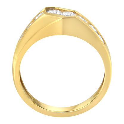Yellow metal ring with multiple round white gemstones set in a channel setting, shown from a low front angle.