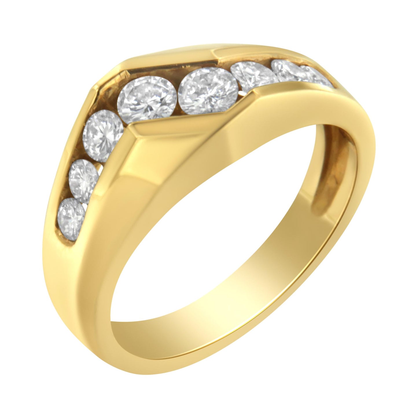 Yellow ring with channel-set white round gemstones viewed from an angled top side.